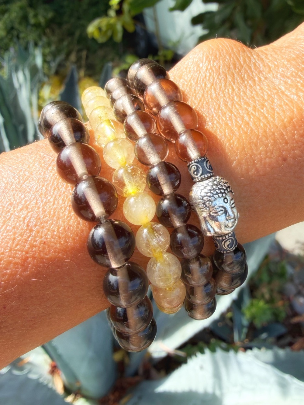 Smoky Quartz, Rutilated Quartz & Matte Yellow Opal Buddha Bracelet Stash